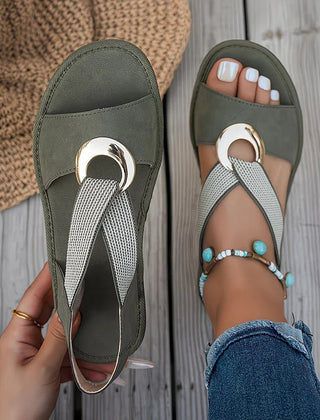 Tilda wedge sandals in Green, top view showing the ring detail and woven stretch strap