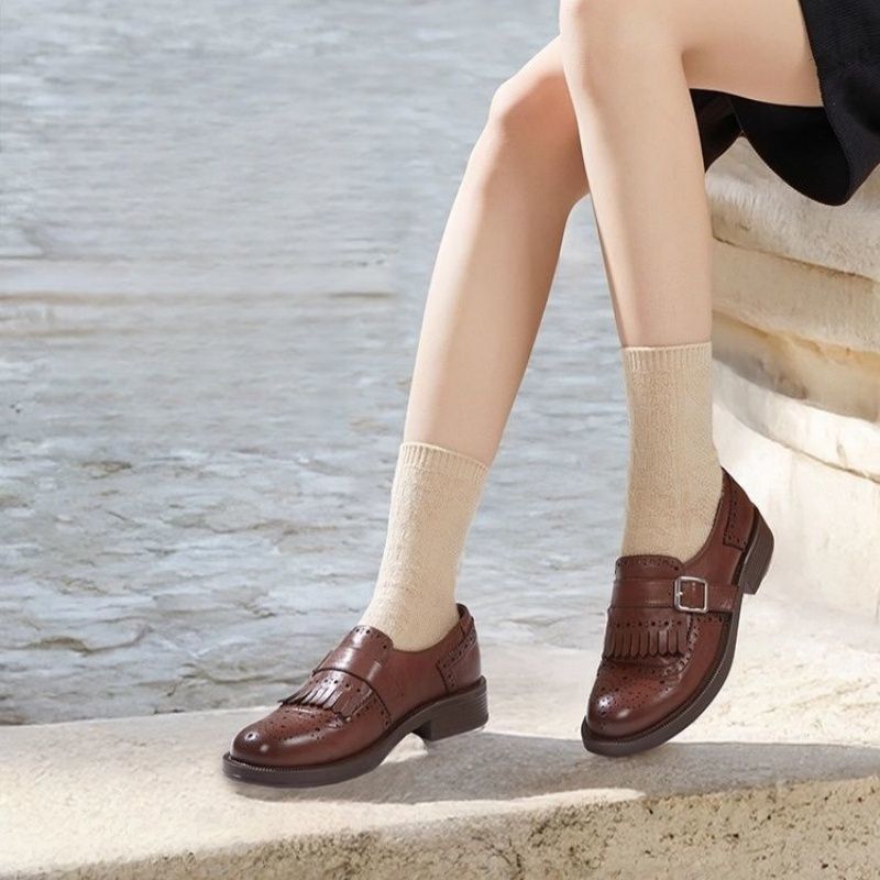 Women's Brogue Loafers with Fringed Trim and Adjustable Buckle