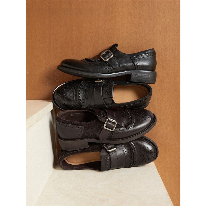 Women's Brogue Loafers with Fringed Trim and Adjustable Buckle